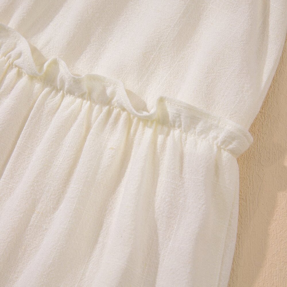 B283 Oatmeal Solid Color Tie Strap Ruffle Tiered Mini Dress - Picture 14 of 15